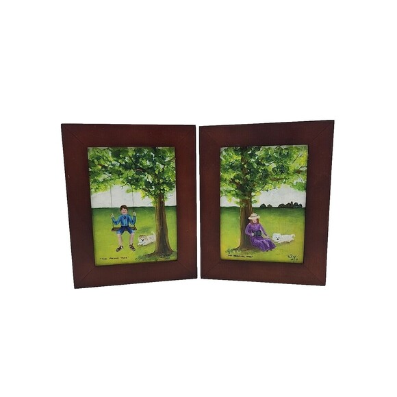 Set of 2 Framed Paintings The Swing Tree Reading Tree Signed Sage / Soge? 2019 - Picture 1 of 10